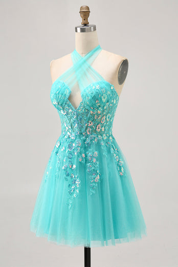 Sparkly Green Halter Corset Short Prom Dress with Appliques