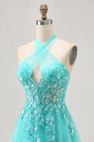 Load image into Gallery viewer, Sparkly Green Halter Corset Short Prom Dress with Appliques