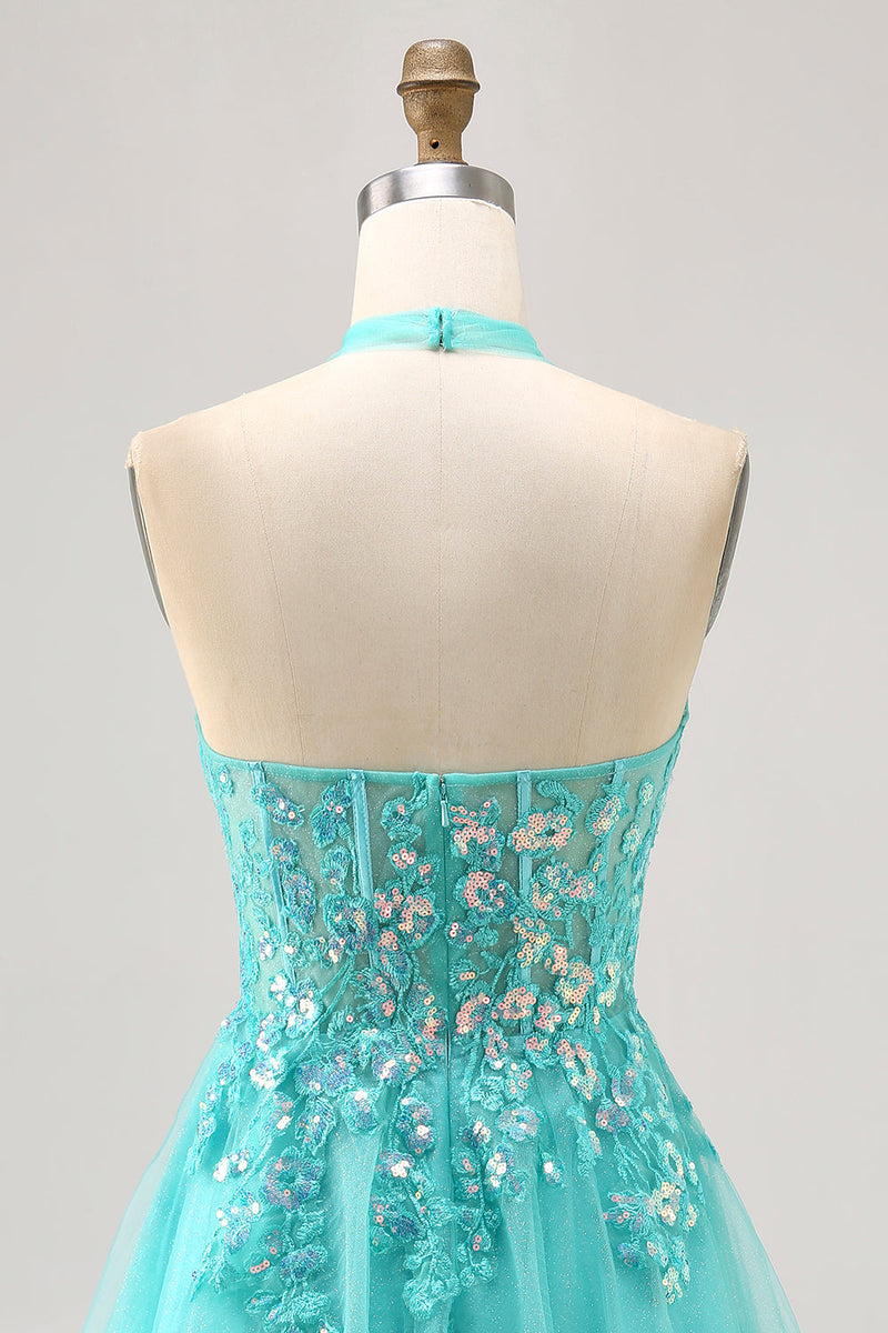 Load image into Gallery viewer, Sparkly Green Halter Corset Short Prom Dress with Appliques
