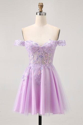 Glitter Lilac A Line Corset Short Prom Dress with Appliques