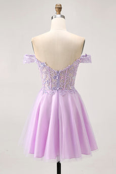 Glitter Lilac A Line Corset Short Prom Dress with Appliques
