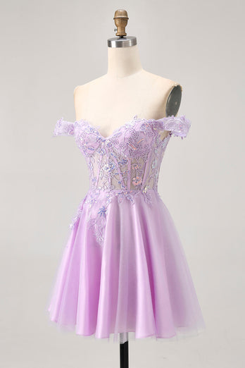 Glitter Lilac A Line Corset Short Prom Dress with Appliques