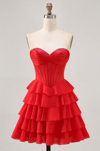 Sparkly Red Tiered Short Corset Prom Dress with Beading