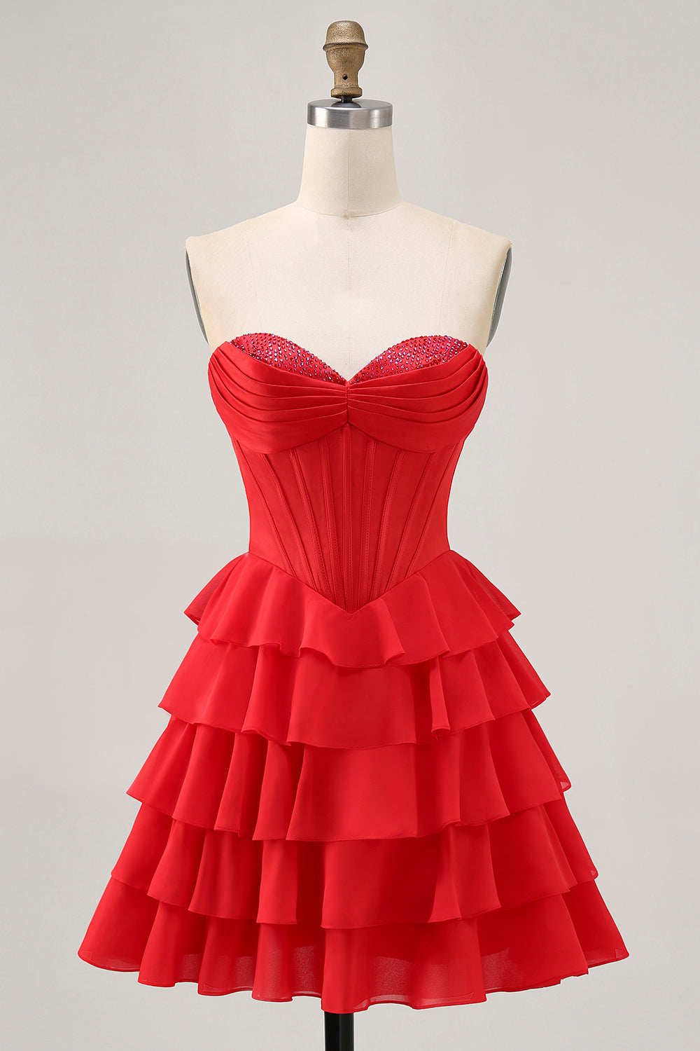 Sparkly Red Tiered Short Corset Prom Dress with Beading