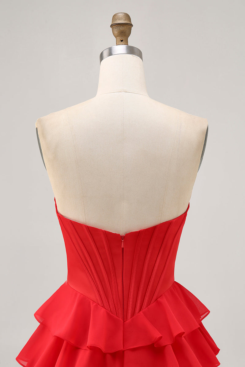 Load image into Gallery viewer, Sparkly Red Tiered Short Corset Prom Dress with Beading