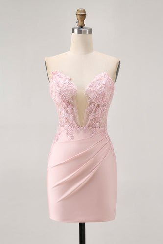 Blush Corset Tight Floral Satin Short Prom Dress with Lace