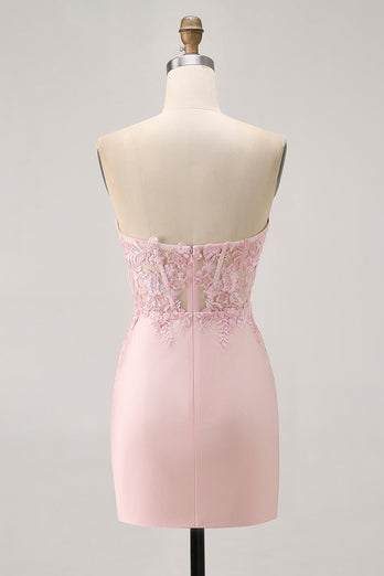 Blush Corset Tight Floral Satin Short Prom Dress with Lace