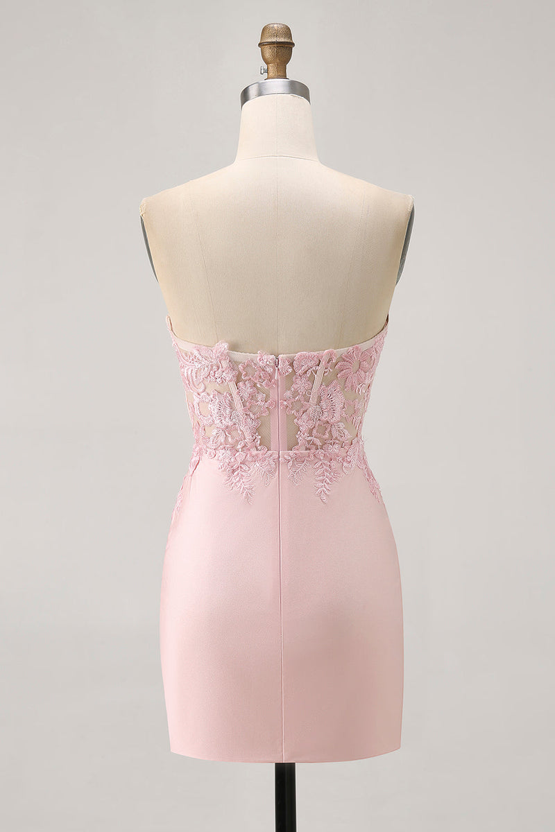 Load image into Gallery viewer, Blush Corset Tight Floral Satin Short Prom Dress with Lace