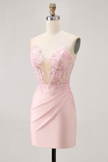 Blush Corset Tight Floral Satin Short Prom Dress with Lace