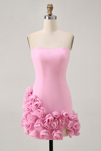 Pink Strapless Tight Satin Short Prom Dress with 3D Flowers