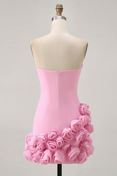 Pink Strapless Tight Satin Short Prom Dress with 3D Flowers