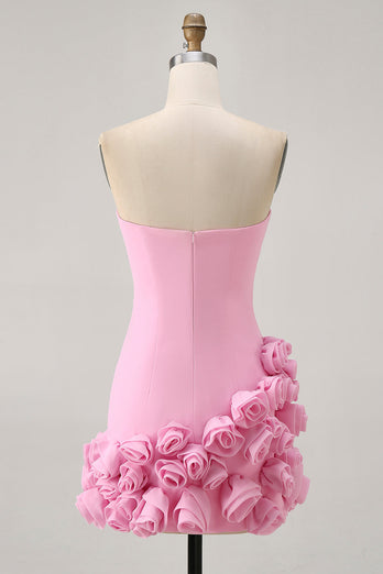 Pink Strapless Tight Satin Short Prom Dress with 3D Flowers