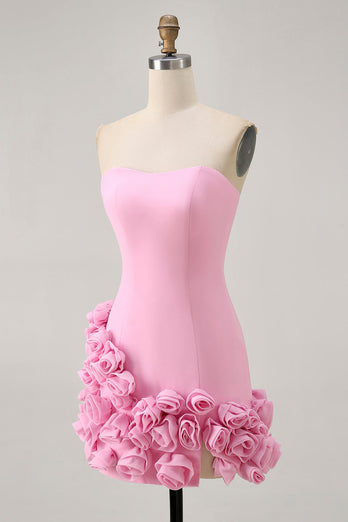 Pink Strapless Tight Satin Short Prom Dress with 3D Flowers