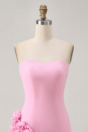 Pink Strapless Tight Satin Short Prom Dress with 3D Flowers