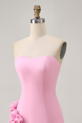 Pink Strapless Tight Satin Short Prom Dress with 3D Flowers