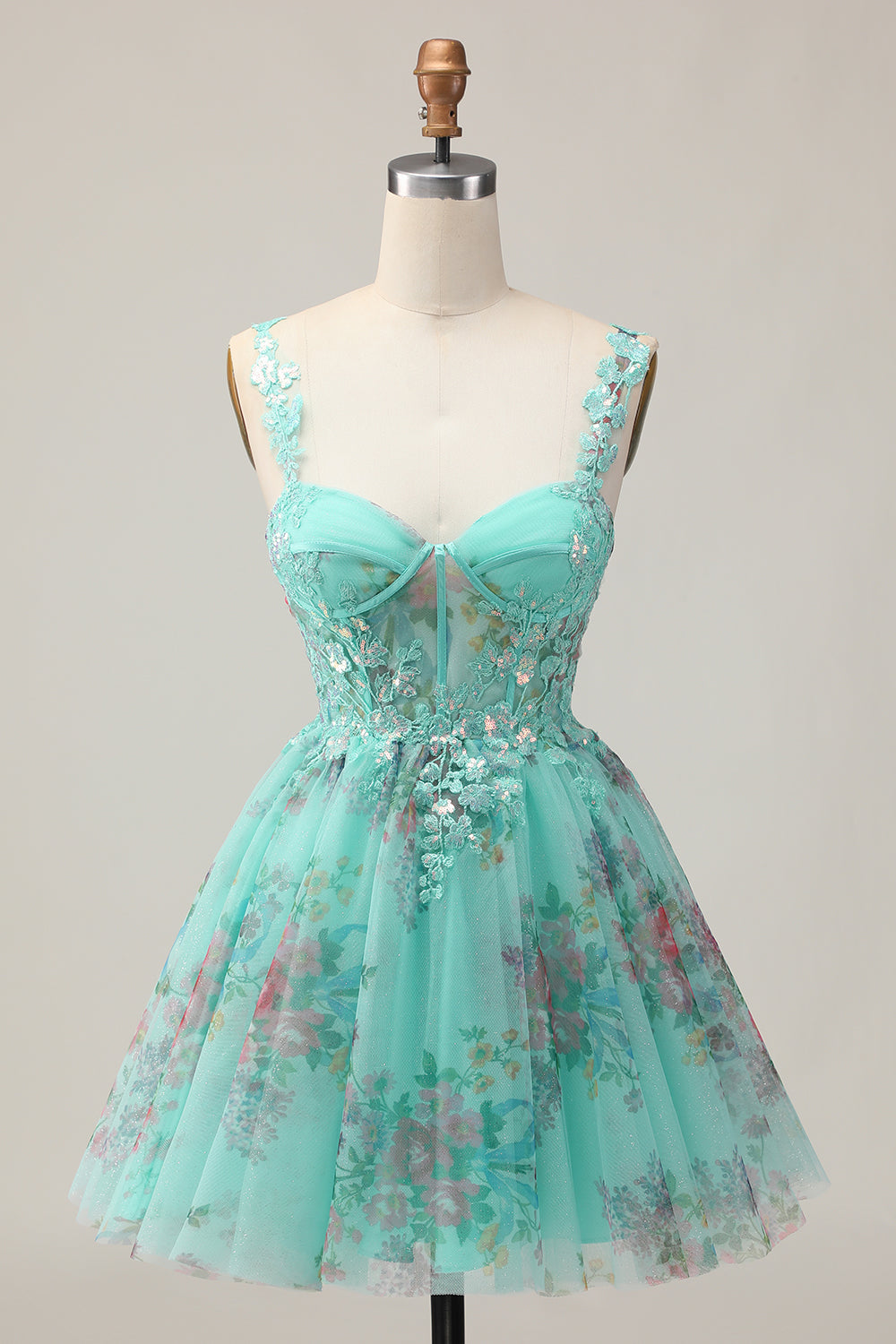 Sparkly Green Floral Corset A Line Short Prom Dress with Sequins