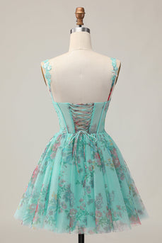 Sparkly Green Floral Corset A Line Short Prom Dress with Sequins