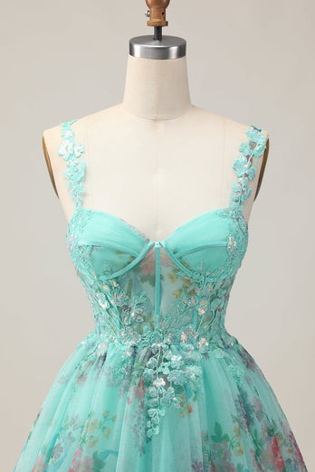 Sparkly Green Floral Corset A Line Short Prom Dress with Sequins