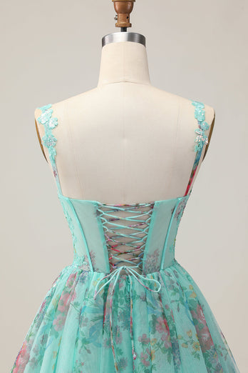Sparkly Green Floral Corset A Line Short Prom Dress with Sequins