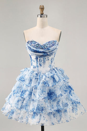 Sparkly White Blue Flower A Line Corset Short Prom Dress with Ruffles