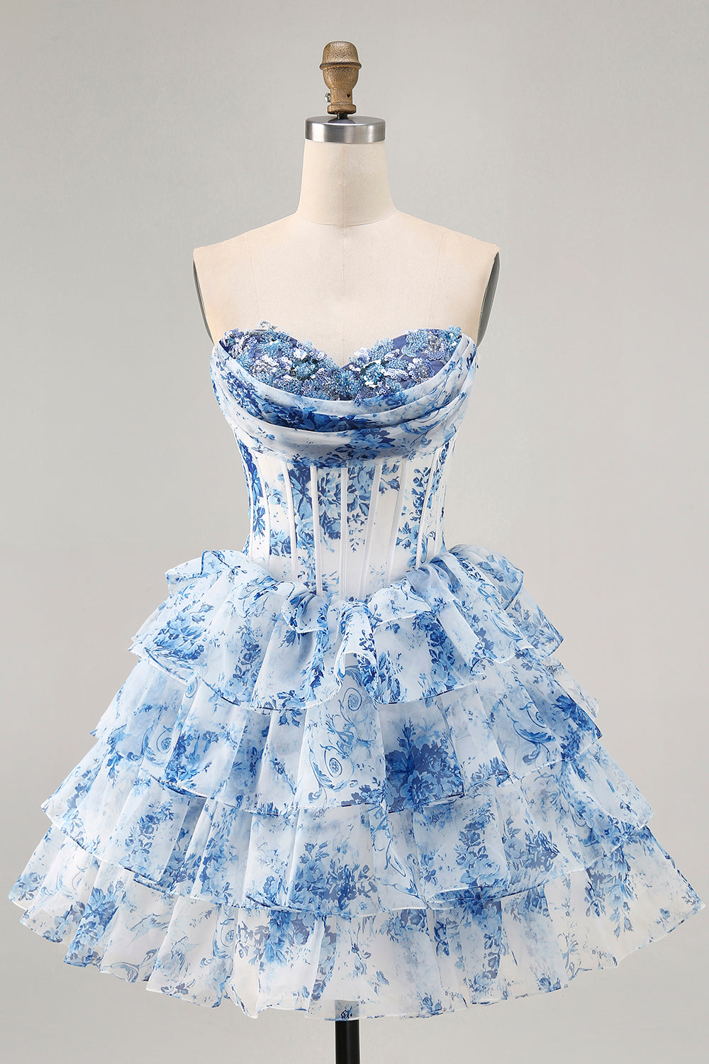 Sparkly White Blue Flower A Line Corset Short Prom Dress with Ruffles