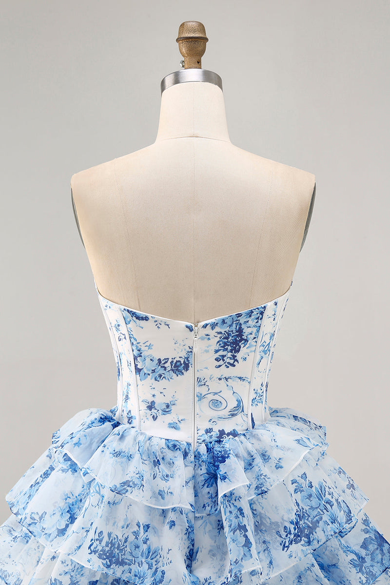 Load image into Gallery viewer, Sparkly White Blue Flower A Line Corset Short Prom Dress with Ruffles