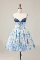 Load image into Gallery viewer, Sparkly White and Blue Corset Floral Short Prom Dress with Beading
