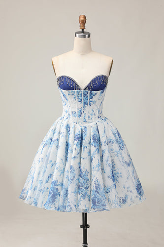 Sparkly White and Blue Corset Floral Short Prom Dress with Beading