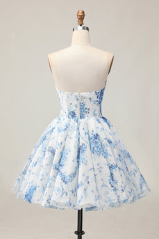 Sparkly White and Blue Corset Floral Short Prom Dress with Beading