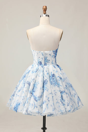 Sparkly White and Blue Corset Floral Short Prom Dress with Beading
