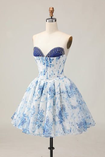 Sparkly White and Blue Corset Floral Short Prom Dress with Beading