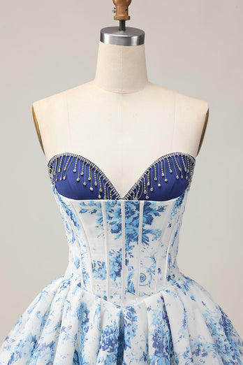 Sparkly White and Blue Corset Floral Short Prom Dress with Beading