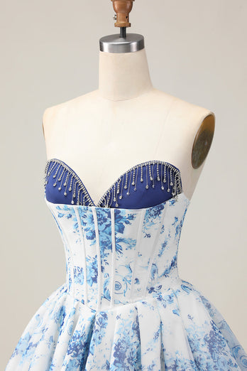 Sparkly White and Blue Corset Floral Short Prom Dress with Beading