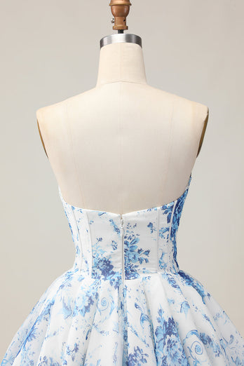 Sparkly White and Blue Corset Floral Short Prom Dress with Beading