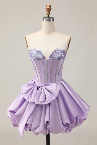 Sparkly Purple Beaded Corset Sweetheart Short Prom Dress with Bow