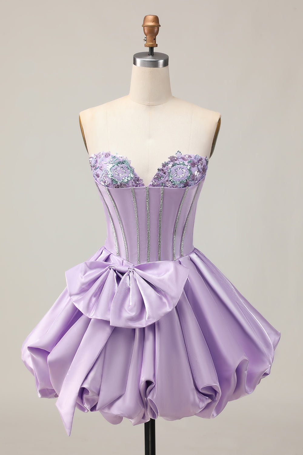 Sparkly Purple Beaded Corset Sweetheart Short Prom Dress with Bow