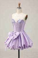 Load image into Gallery viewer, Sparkly Purple Beaded Corset Sweetheart Short Prom Dress with Bow