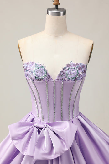Sparkly Purple Beaded Corset Sweetheart Short Prom Dress with Bow