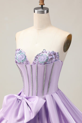 Sparkly Purple Beaded Corset Sweetheart Short Prom Dress with Bow