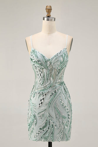 Sparkly Green Spaghetti Straps Corset Short Prom Dress with Sequins