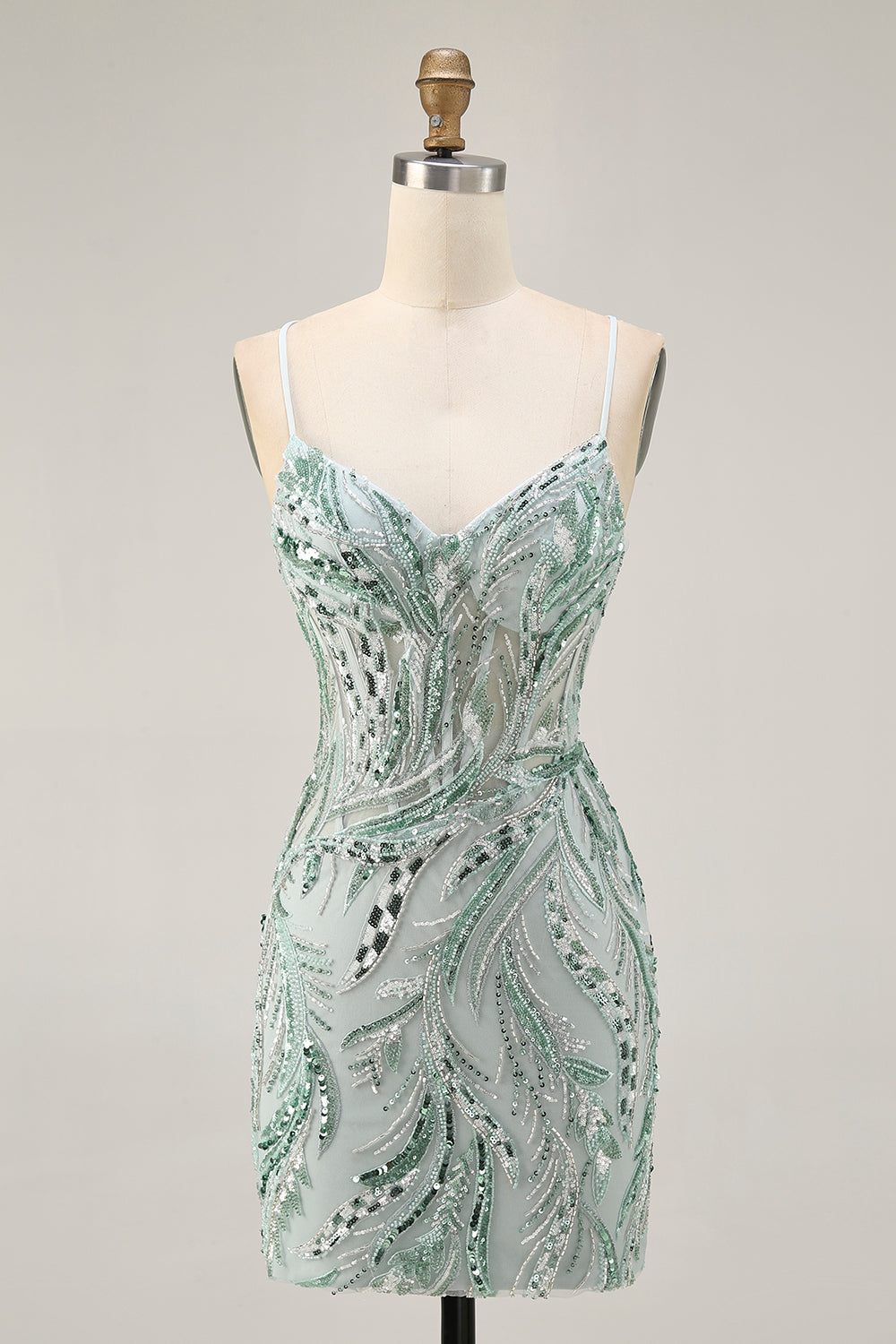 Sparkly Green Spaghetti Straps Corset Short Prom Dress with Sequins