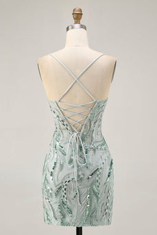 Sparkly Green Spaghetti Straps Corset Short Prom Dress with Sequins