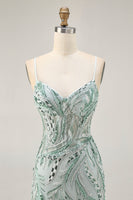 Load image into Gallery viewer, Sparkly Green Spaghetti Straps Corset Short Prom Dress with Sequins