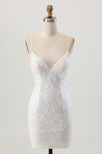 Sparkly White Sequin Spaghetti Straps Short Prom Dress