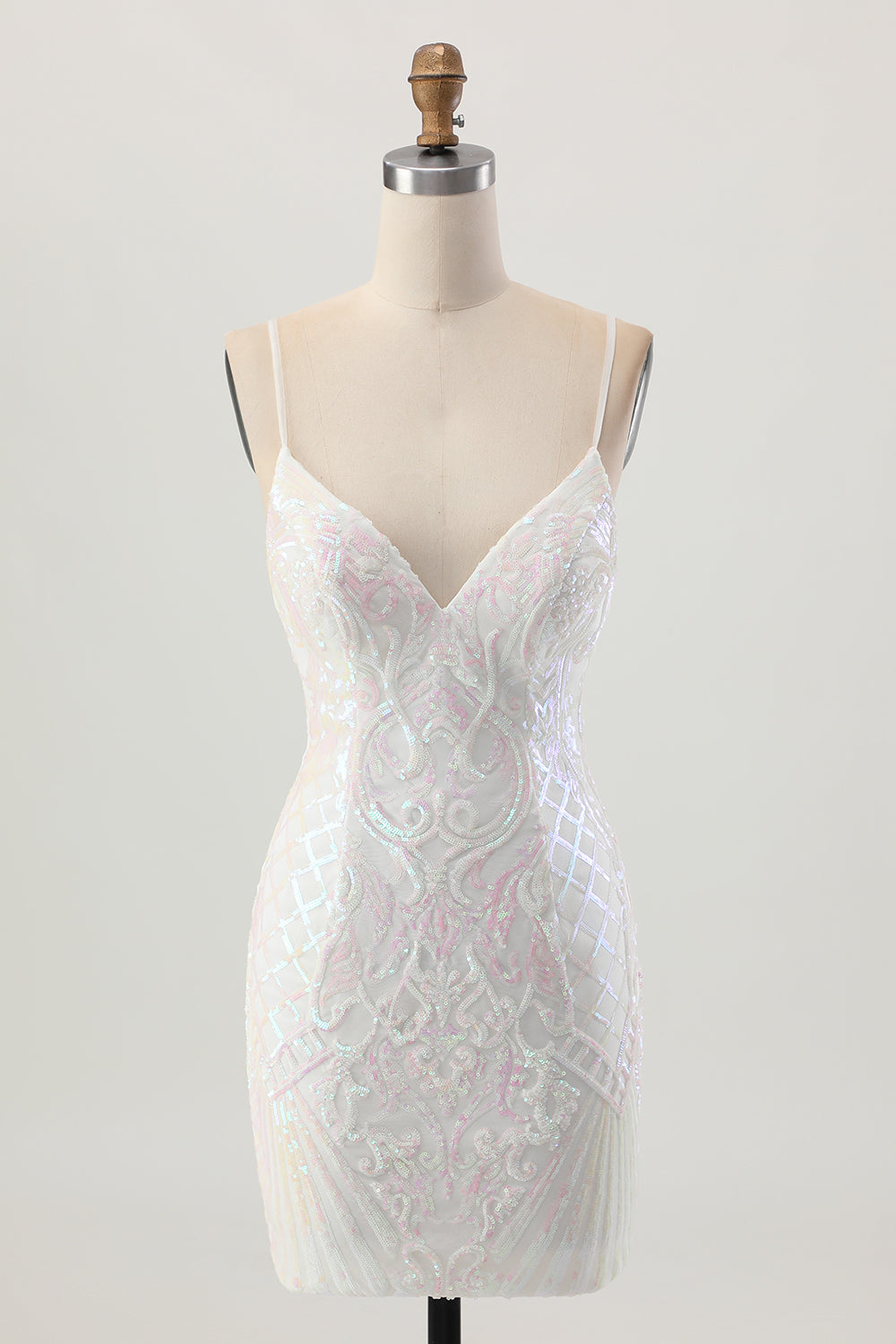 Sparkly White Sequin Spaghetti Straps Short Prom Dress