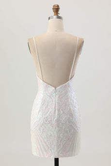 Sparkly White Sequin Spaghetti Straps Short Prom Dress