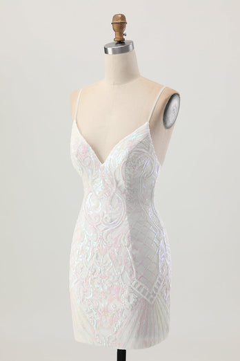 Sparkly White Sequin Spaghetti Straps Short Prom Dress