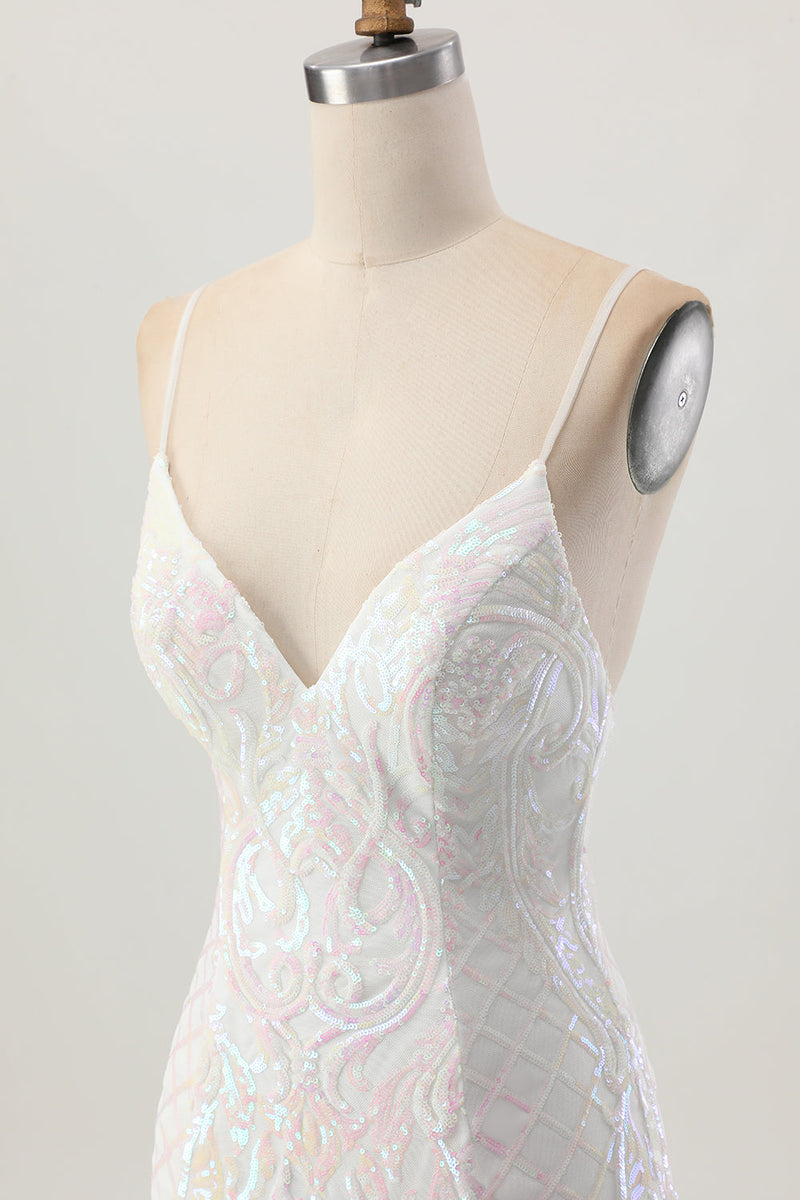 Load image into Gallery viewer, Sparkly White Sequin Spaghetti Straps Short Prom Dress