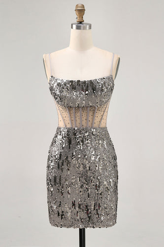 Sparkly Steel Grey Tight Sequin Short Corset Prom Dress