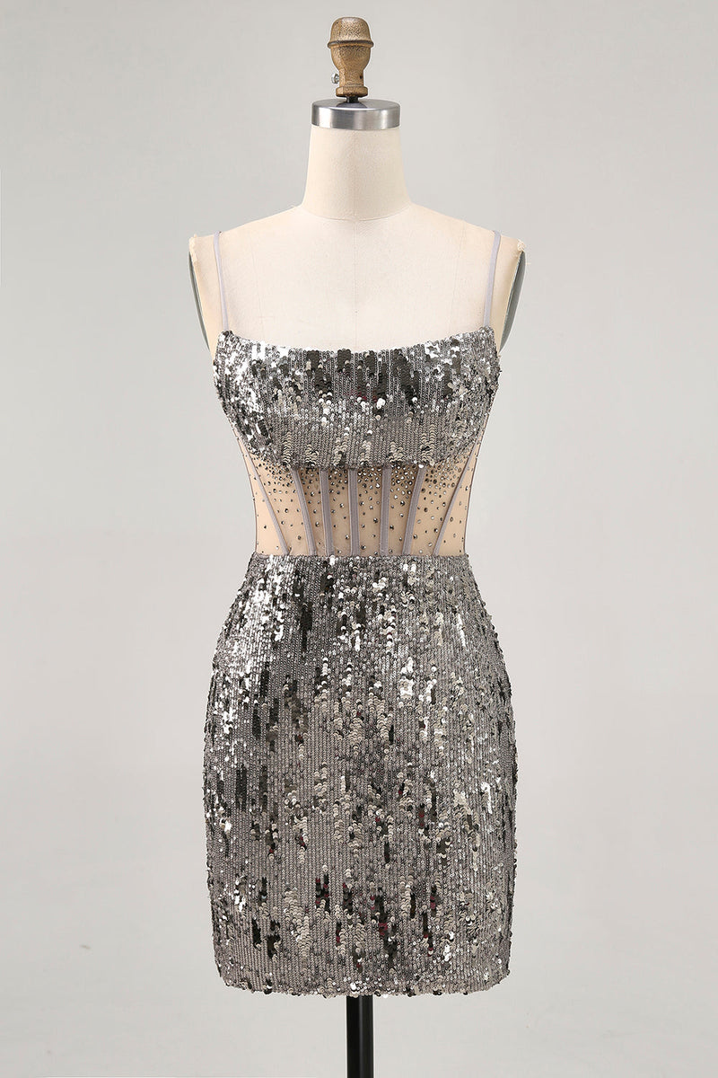 Load image into Gallery viewer, Sparkly Steel Grey Tight Sequin Short Corset Prom Dress